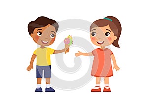 Little boy gives the girl an ice cream. Child friendship psychology. Cartoon characters