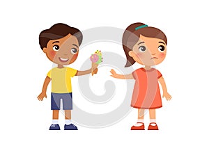 Little boy gives the girl an ice cream and is rejected. Child friendship psychology, refusal of sweets.