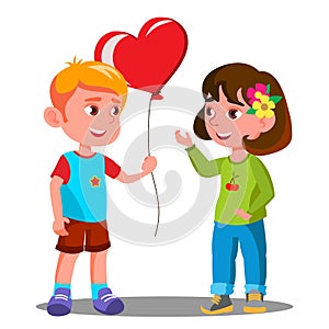 Little Boy Gives The Girl Red Heart Balloon Vector. Illustration