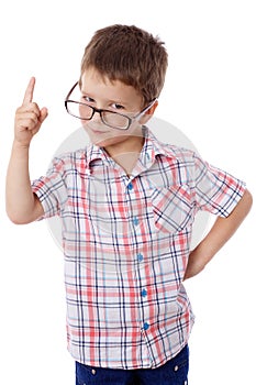 Little boy in glasses with pointing hand