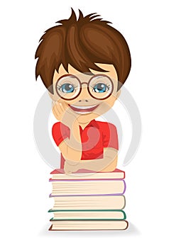 Little boy with glasses ready for school - leaning on book stack