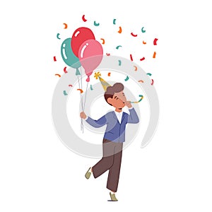 Little Boy Gleefully Celebrates Birthday Party, Blowing Pipe with Balloons Bunch in Hand, Creating A Joyful Atmosphere