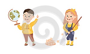 Little Boy with Globe and Girl Gathering Foliage with Rake Caring About Nature and Planet Vector Set