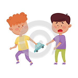 Little Boy with Grin on His Face Taking Away Toy Car from His Agemate Vector Illustration photo