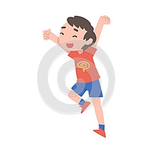 Little Boy Happily Jumping, Happy Smiling Preschooler Kid Having Fun Dressed Casual Clothes Cartoon Style Vector