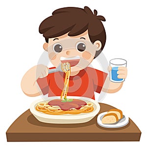 A Little boy happy to eat Spaghetti. photo