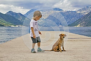 Little boy is happy to meet with a puppy