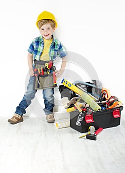 Little boy in hard hat: tools belt and box