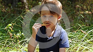 A little boy has a snack while resting in the park. A child eats a slice of pizza.