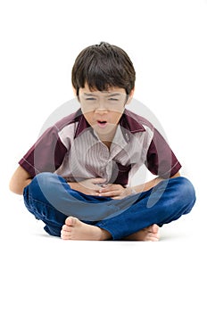 Little boy has stomach ache on white background