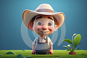 Little Boy in Hat and Overalls Standing in Grass. Generative AI.