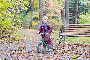 Little boy having fun on bikes in autumn forest. Selective focus