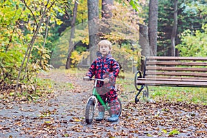 Little boy having fun on bikes in autumn forest. Selective focus