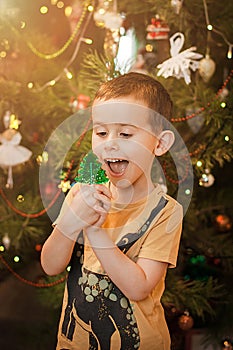 Little boy having fun near a christmas tree with a candy in shape of a fir tree