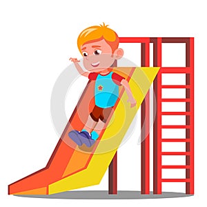 Little Boy Having Fun On The Slide Vector. Isolated Illustration