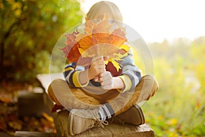 Little boy having fun during stroll in the forest at sunny autumn day. Child playing maple leaves. Active family time on nature.