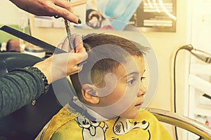 little boy having a haircut at hair salon..Children hairdresser with scissors and comb is cutting little boy. Contented