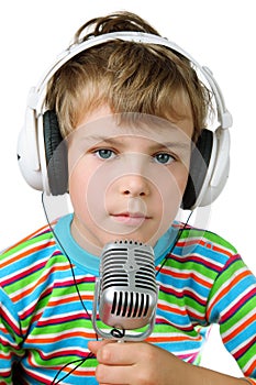 Little boy and headphone with microphone