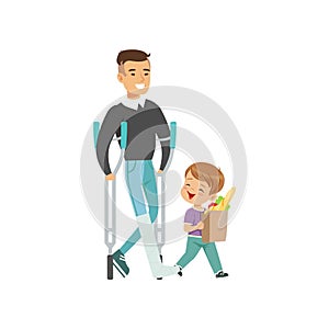 Little boy helping disabled man carry shopping bag, kids good manners concept vector Illustration on a white background