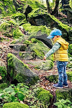 Little boy hiking adventure and climbing in mountains