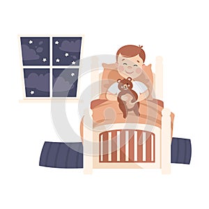 Little Boy in His Bed Under Blanket with Teddy Bear Having Night Rest Vector Illustration