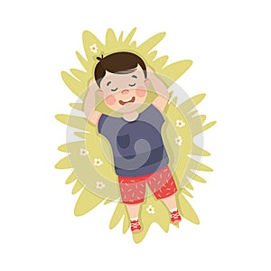 Little Boy in His Childhood Lying on Green Lawn Daydreaming Vector Illustration