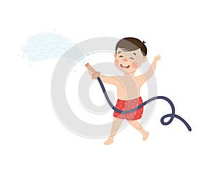 Little Boy in His Childhood Playing with Water Hose Vector Illustration photo