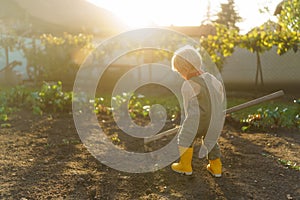 Little boy with hoe working in garden during autumn day.