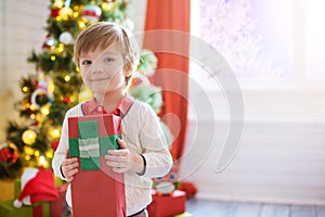 Little boy hold a gift box near a decorated Christmas tree
