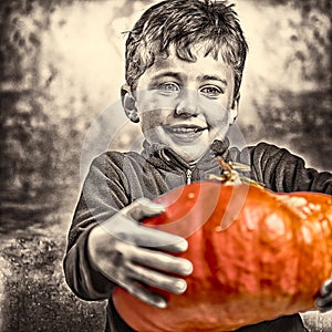 Little boy holding a big orange pumpkin. Halloween theme