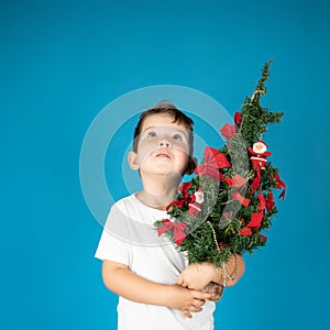 Little boy holding a Christmas tree in his hand on blue backround