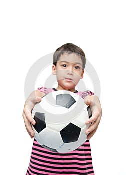 Little boy holding football sport player