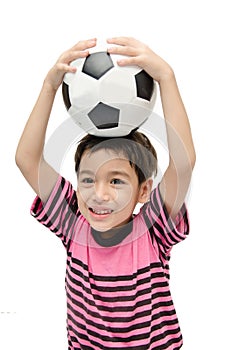 Little boy holding football sport player