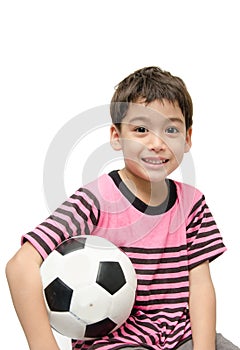 Little boy holding football sport player