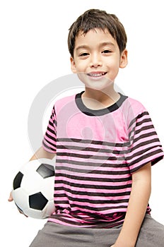 Little boy holding football sport player