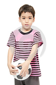 Little boy holding football sport player