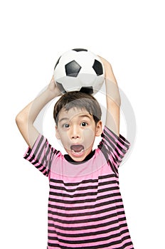 Little boy holding football sport player