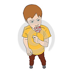 Little boy holding lollipop candy. Kid eating sweet. Vector illustration isolated on white