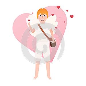 Little boy holding love letter or envelope, mascot of love, adorable cupid with wings and bag with letters