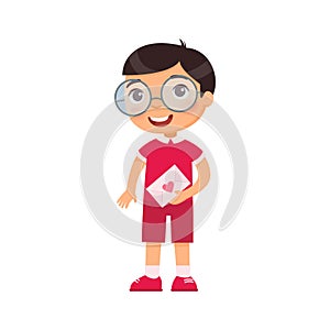 Little boy holding love letter flat vector illustration. Valentines Day celebration.