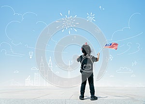 Little boy holding Malaysia flags with illus draw Kuala Lumpur skyline