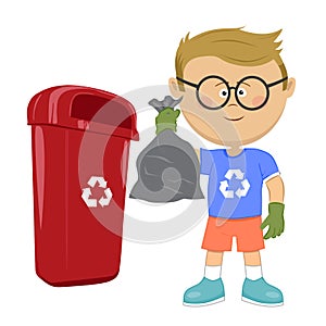 Little boy holding stinky trash bag and throwing it on recycle bin