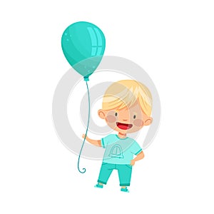 Little Boy Holding Turquoise Toy Balloon Vector Illustration