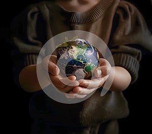 a little boy holds a luminous planet Earth in his hands. Earth Day.