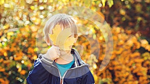 Little boy holds maple leaf outdoors. Autumn time. Kid hides by yellow maple leaf. Happy child playing at fall nature background.