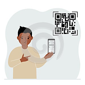 A little boy holds a mobile in his hand with the text Scan me. Next to the child QR code.