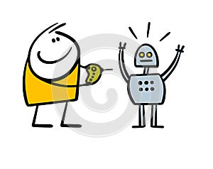 Little boy holds remote control and controls funny robot. Vector illustration of an unusual modern toy and new