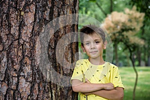 Little boy hugs a tree trunk - children love the nature, sustainability concept. Happy smiling kid look directly to camera. Save