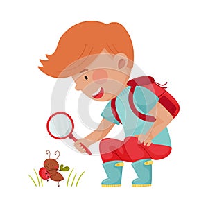 Little Boy Hunkering Down with Magnifying Glass Exploring Ant Crawling on the Ground Vector Illustration