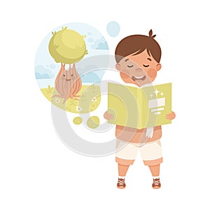 Little Boy Imagining Fairy Tree in Bubble Reading Book Having Fantasy Vector Illustration